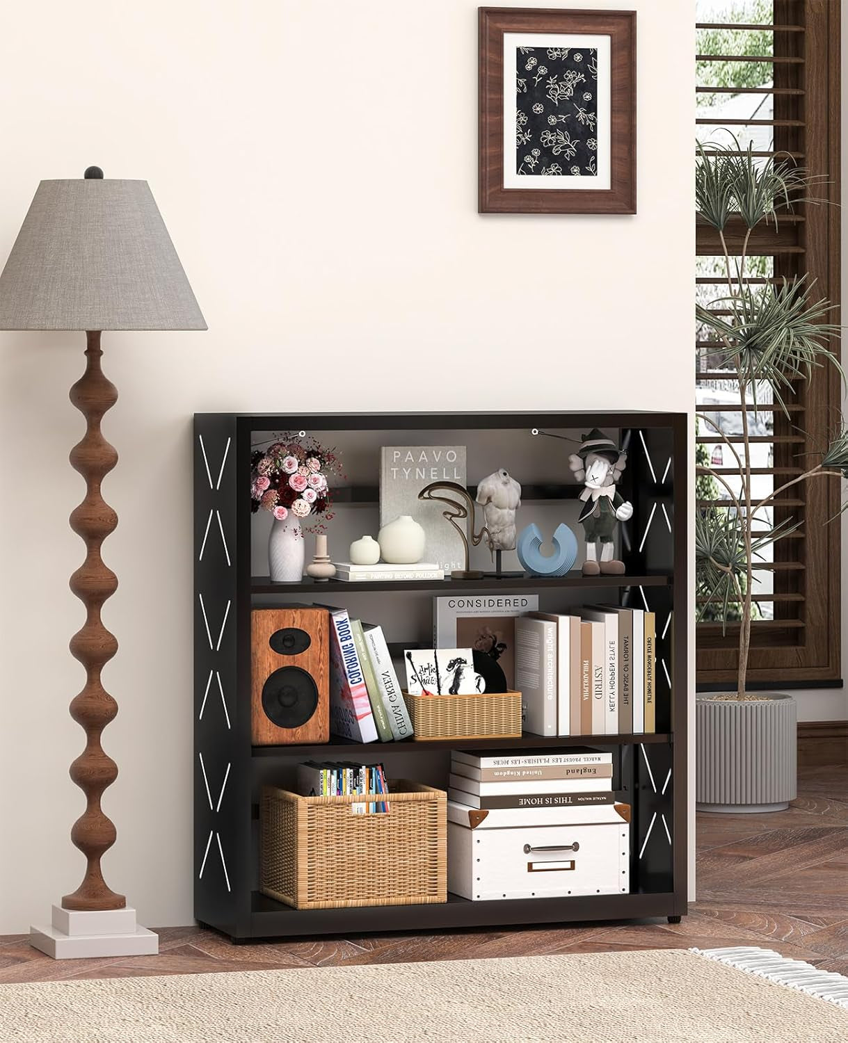 Three Shelf Black Powder Coated Steel Bookcase Anti Tip