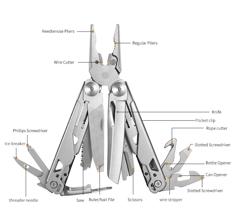 18 in 1 Silvery Outdoor Multitool Pliers Stainless Steel Folding Full Locking Combination Camping Multitool Pliers With Bits Driver