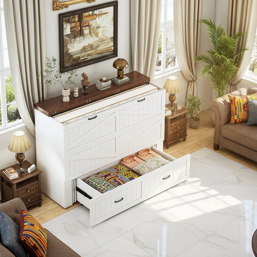 Queen Murphy Bed Frame Integrated Charging Station White