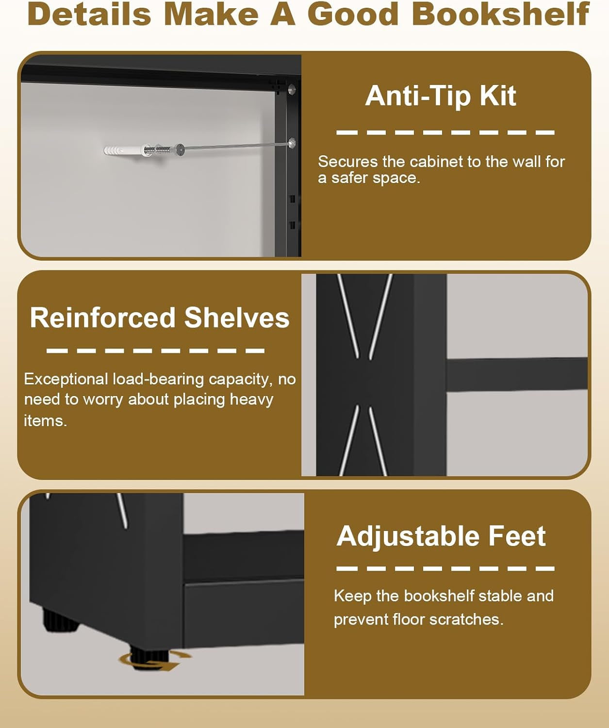 Three Shelf Black Powder Coated Steel Bookcase Anti Tip
