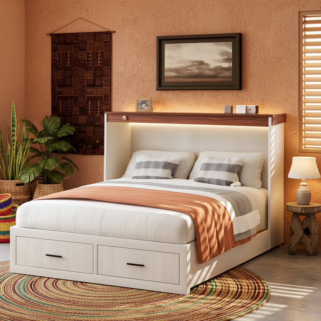 Queen Murphy Bed Frame Integrated Charging Station White
