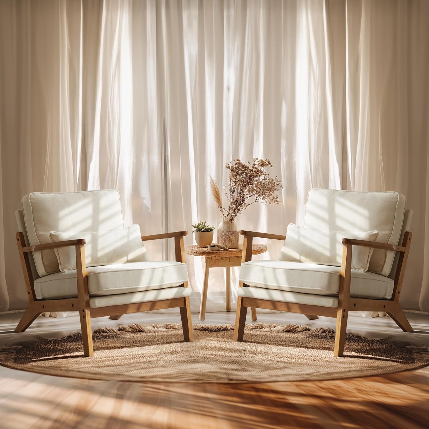 Beige Linen Upholstered Armchair SetOf2 Mid Century