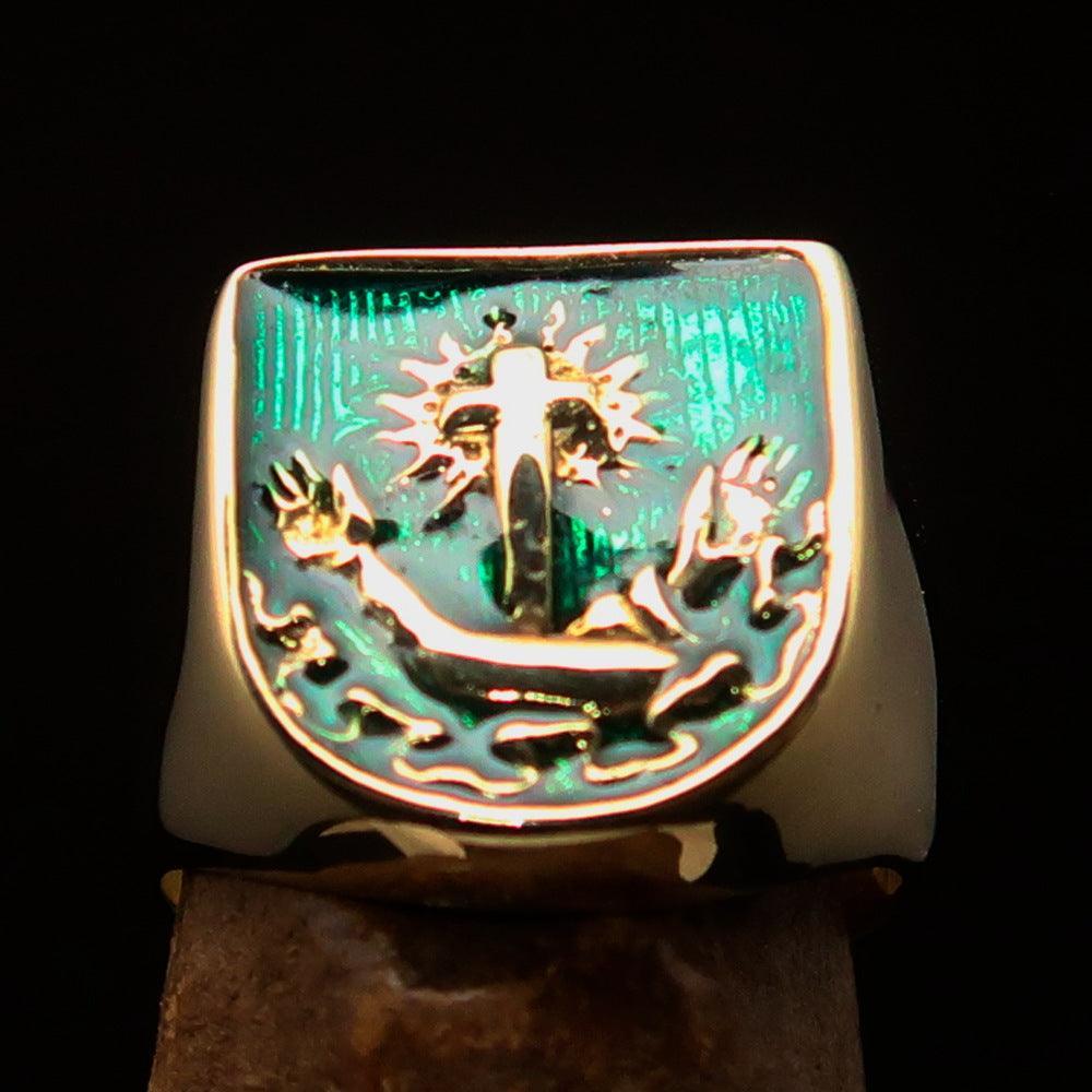 Excellent crafted Men's Franciscan green Corona Cross Pinky Ring - solid Brass