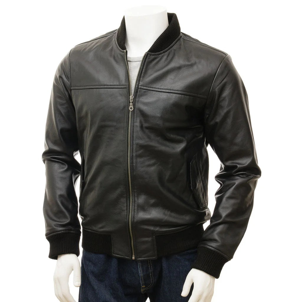 MEN BLACK LEATHER BOMBER JACKET BRADFORD