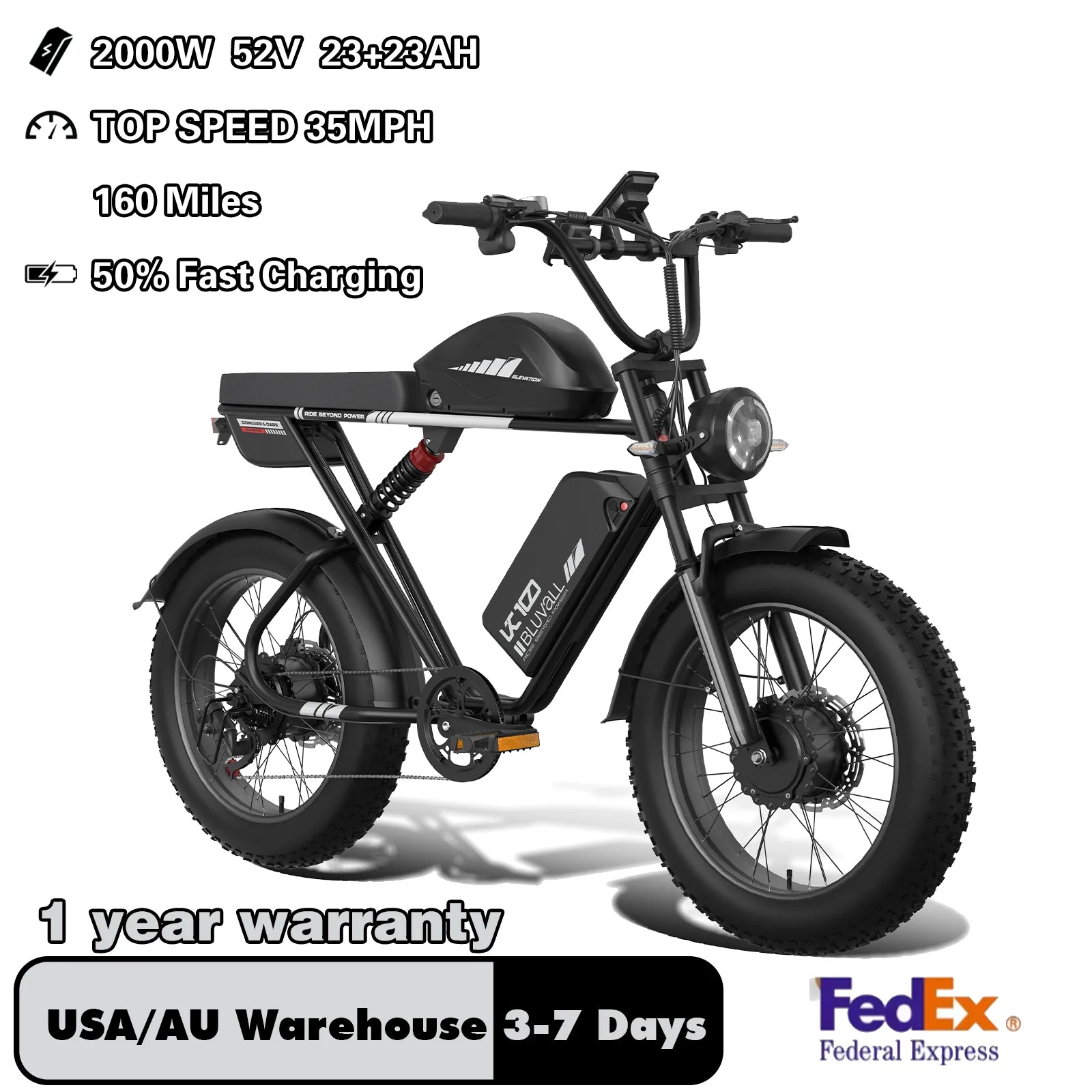 US Delivery 2000W Electric Bike Dual Motor 52V 46AH Battery 35MPH 20" Fat Tire Ebike 160-Mile Range for Adult Commute & Off-road