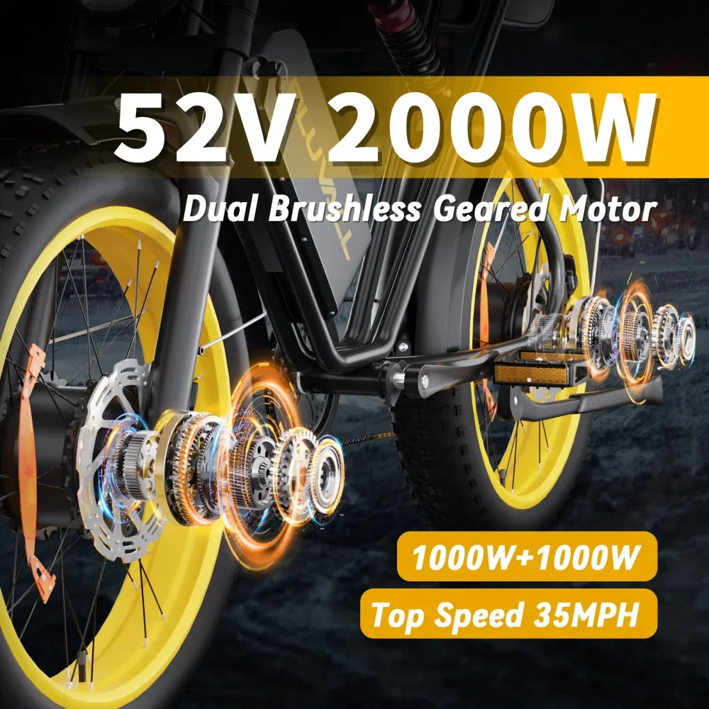 US Delivery 2000W Electric Bike Dual Motor 52V 46AH Battery 35MPH 20" Fat Tire Ebike 160-Mile Range for Adult Commute & Off-road