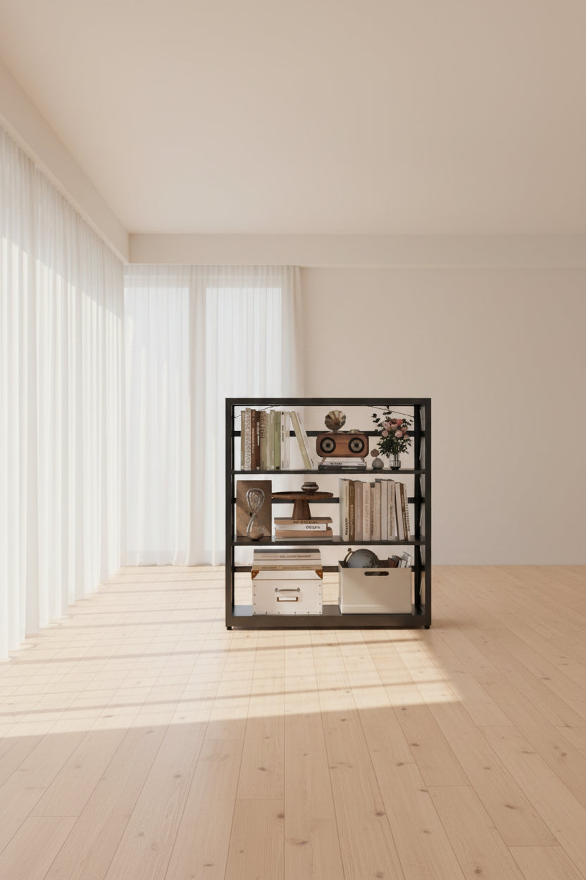 Three Shelf Black Powder Coated Steel Bookcase Anti Tip