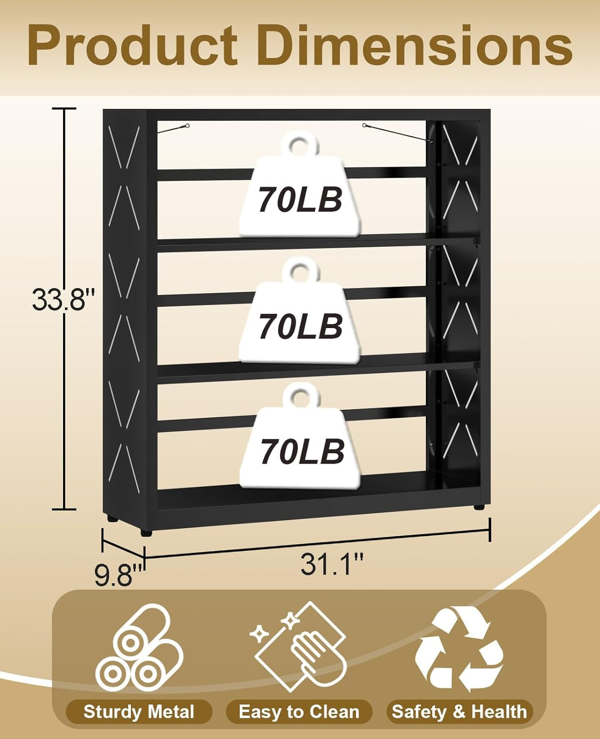 Three Shelf Black Powder Coated Steel Bookcase Anti Tip