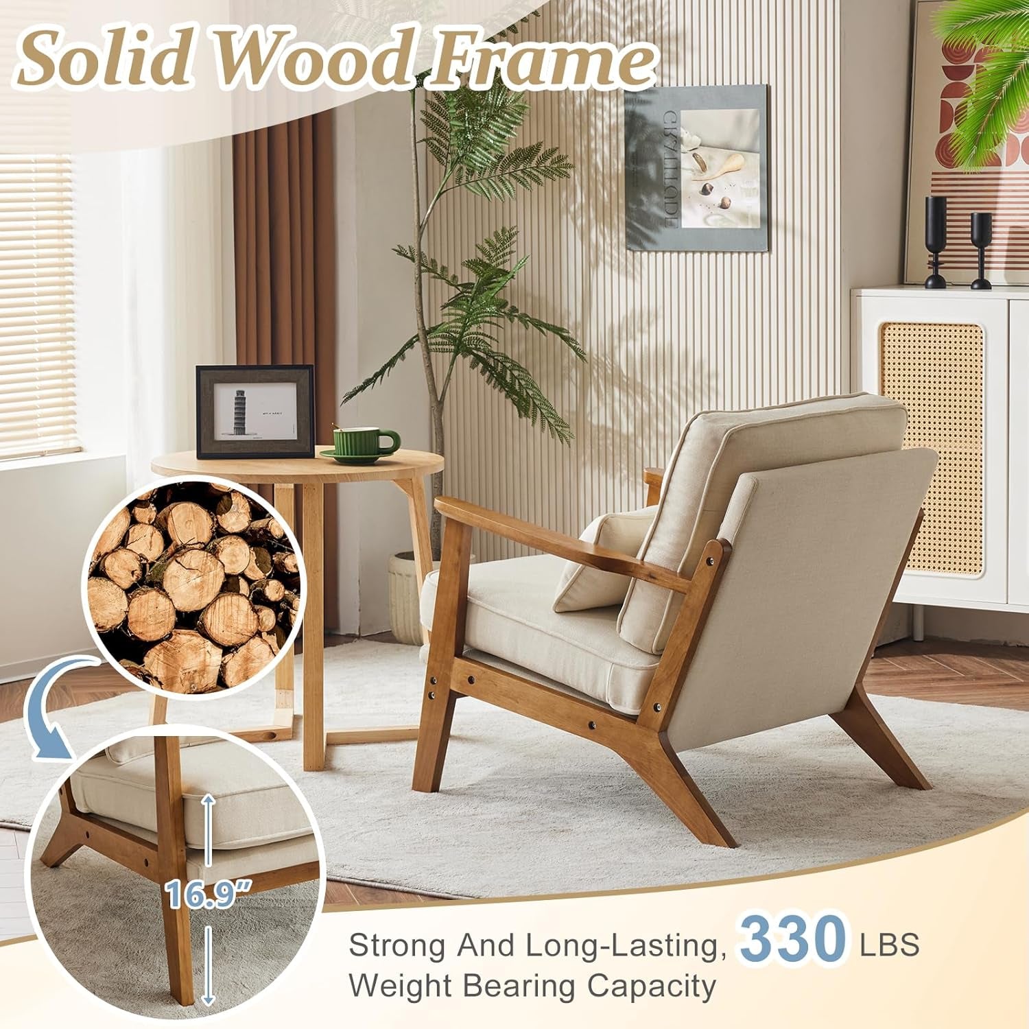 Beige Linen Upholstered Armchair SetOf2 Mid Century