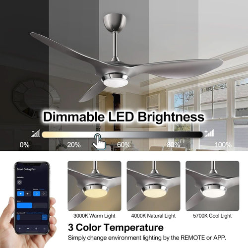 52 Inch Smart WiFi Ceiling Fan With Light And Remote Silver